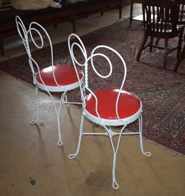 Mid Century White Metal Ice Cream Parlor Chairs, A Pair