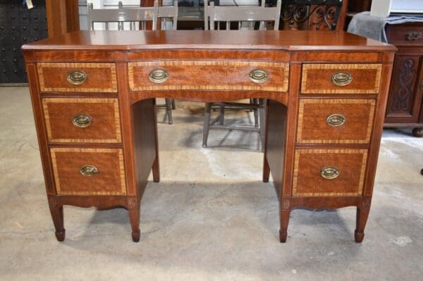 Vintage Inlaid Mahogany Kneehole Desk, Kindel Co Grand Rapids