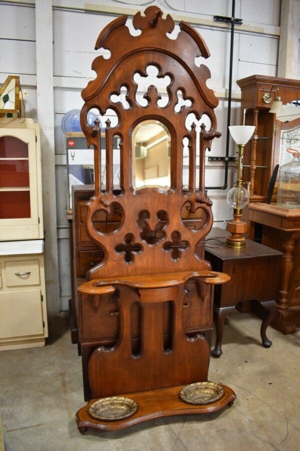 Antique Refinished Walnut Victorian Hall Tree & Mirror