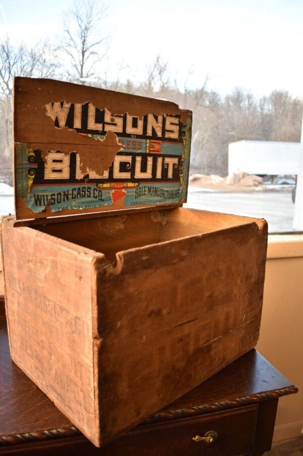 Primitive Wood Crate Biscuit Box, Vintage Advertising Wilson Biscuit Co.