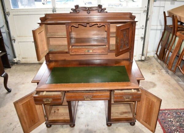 North German Walnut Jugendstil Desk, Large Leather Top Home Office