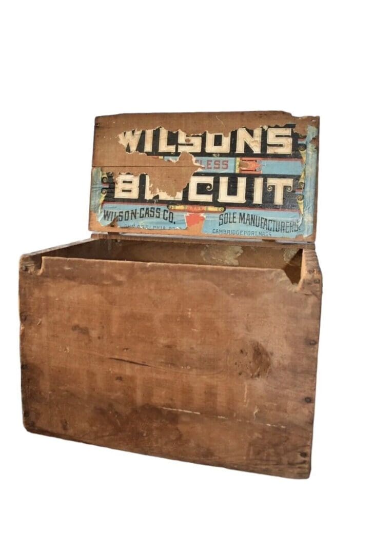 Primitive Wood Crate Biscuit Box, Vintage Advertising Wilson Biscuit Co.