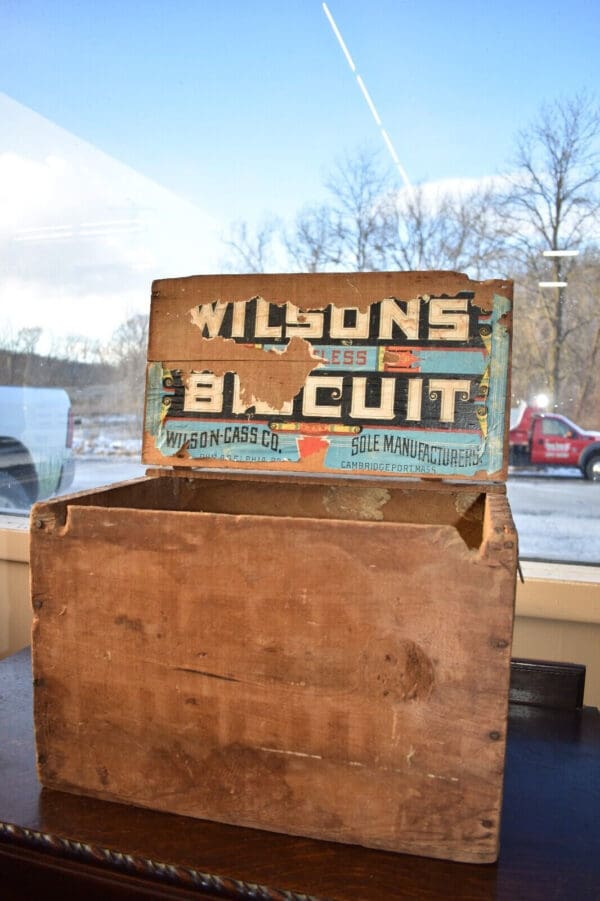 Primitive Wood Crate Biscuit Box, Vintage Advertising Wilson Biscuit Co.