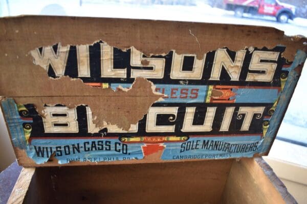 Primitive Wood Crate Biscuit Box, Vintage Advertising Wilson Biscuit Co.