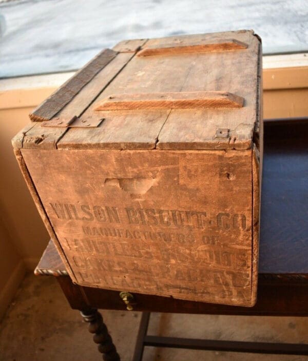 Primitive Wood Crate Biscuit Box, Vintage Advertising Wilson Biscuit Co.