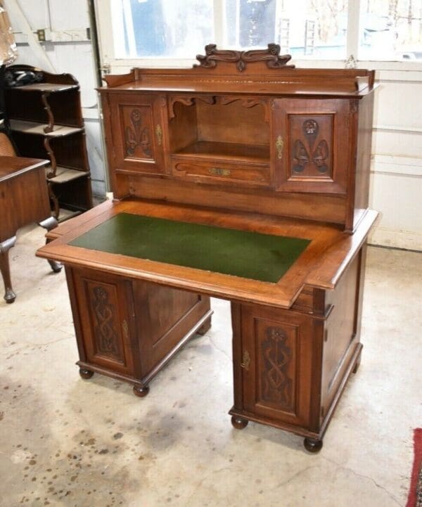 North German Walnut Jugendstil Desk, Large Leather Top Home Office