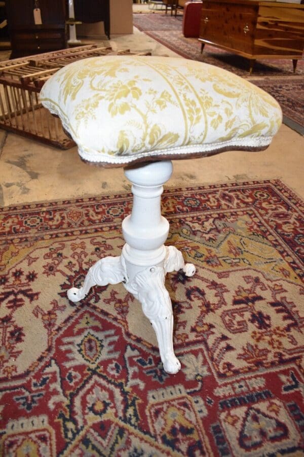 Victorian 19th Century Antique Primitive White Piano Organ Stool, Paw Feet