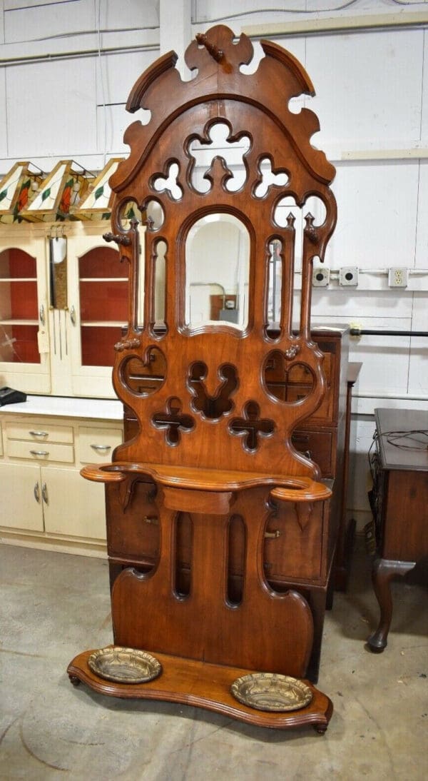 Antique Refinished Walnut Victorian Hall Tree & Mirror