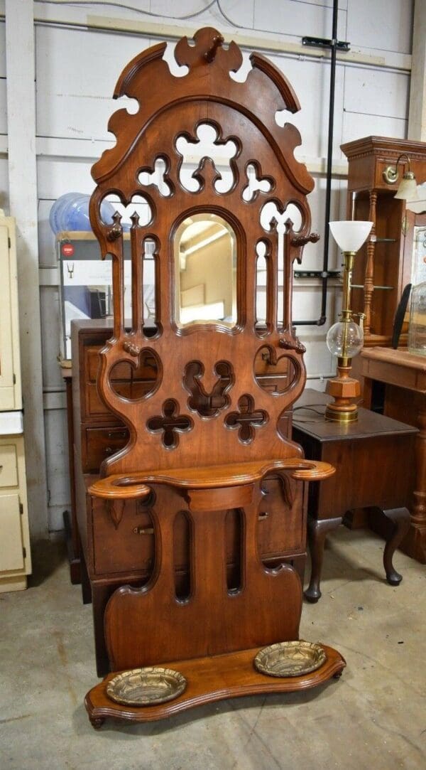 Antique Refinished Walnut Victorian Hall Tree & Mirror