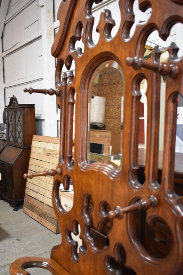 Antique Refinished Walnut Victorian Hall Tree & Mirror