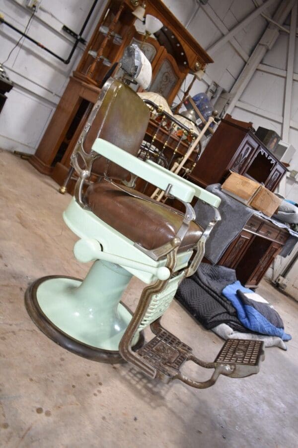 Vintage Koken Barber Chair, Green Porcelain & Brown Leather