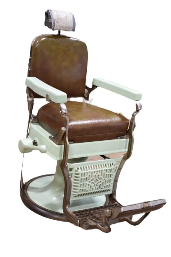 Vintage Koken Barber Chair, Green Porcelain & Brown Leather