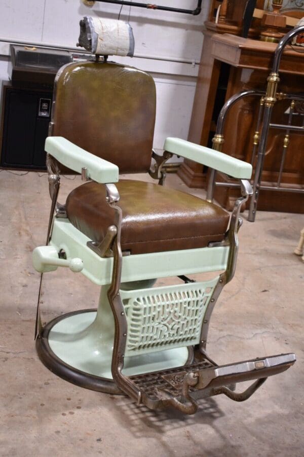 Vintage Koken Barber Chair, Green Porcelain & Brown Leather