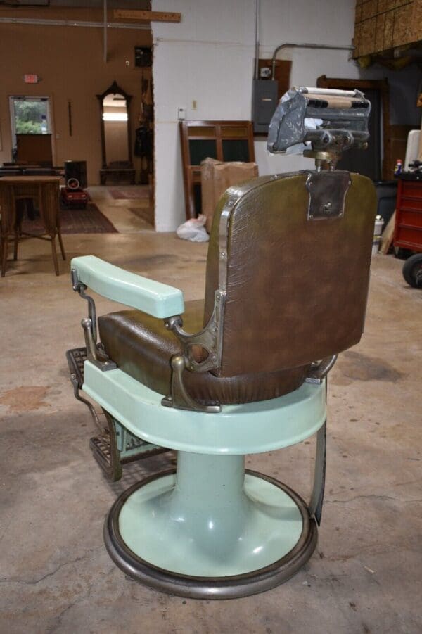 Vintage Koken Barber Chair, Green Porcelain & Brown Leather