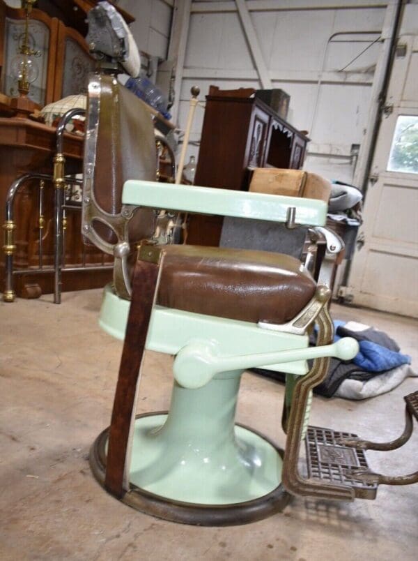 Vintage Koken Barber Chair, Green Porcelain & Brown Leather