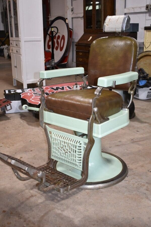 Vintage Koken Barber Chair, Green Porcelain & Brown Leather