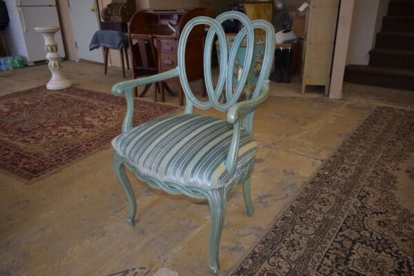 Vintage Mid Century Blue Velvet Striped Dining Antique Armchair