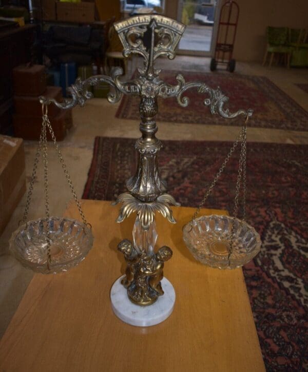 Mid Century Solid Brass Scale with Cut Glass Trays