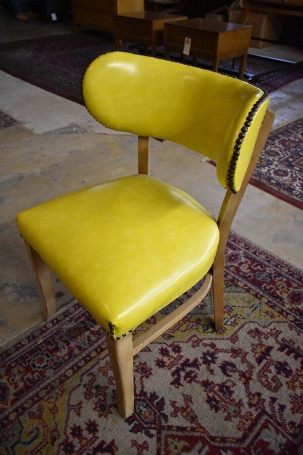 Mid Century Modern Yellow Vinyl Upholstered Wood Side Chair