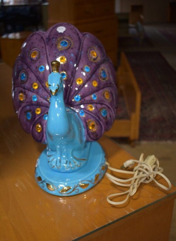 Mid Century Blue Table Peacock Lamp