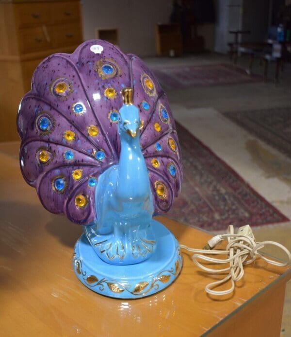 Mid Century Blue Table Peacock Lamp