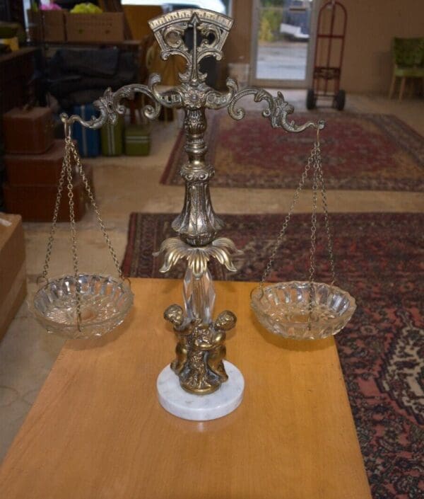 Mid Century Solid Brass Scale with Cut Glass Trays