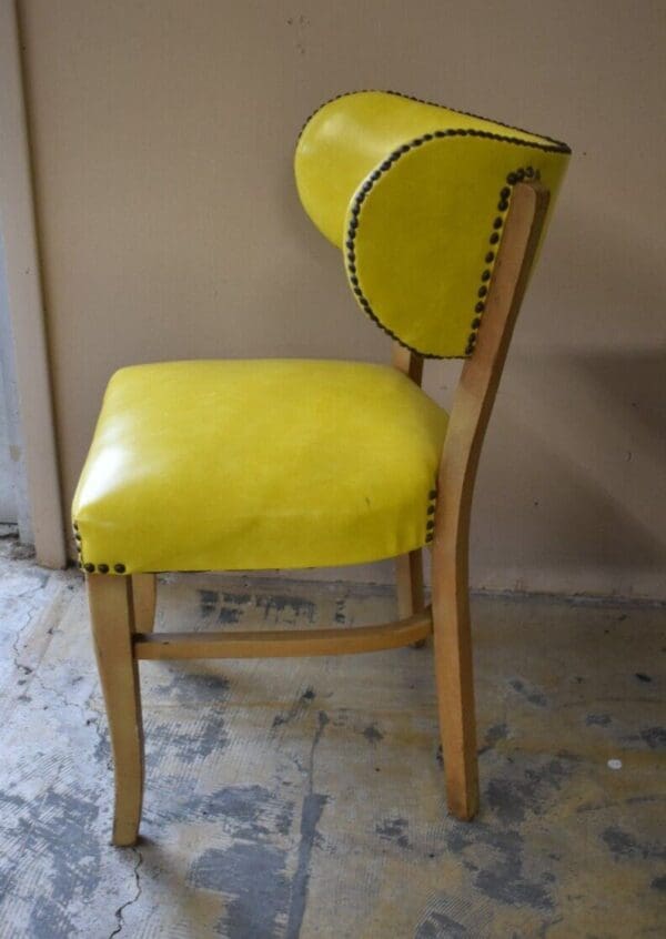 Mid Century Modern Yellow Vinyl Upholstered Wood Side Chair