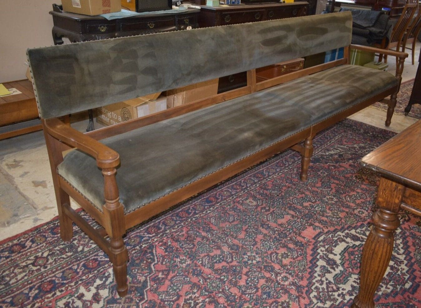 Antique RailRoad Station Large Green Upholstered Wood Bench