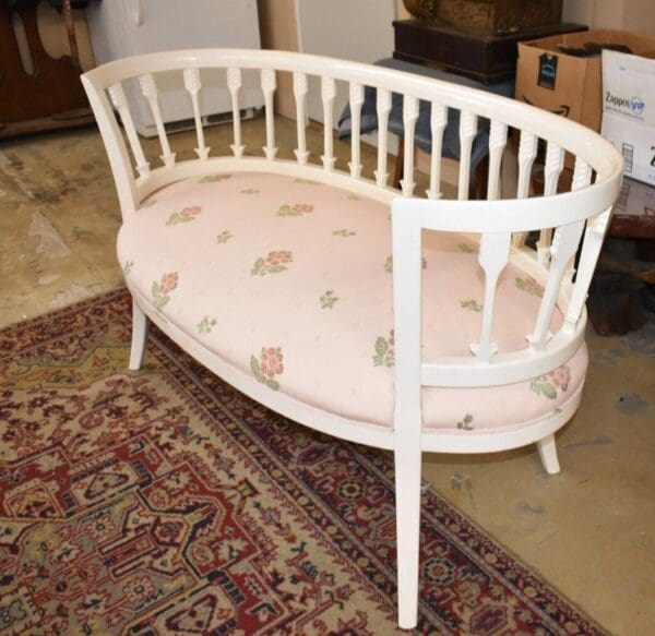 Vintage Oval White Painted Arrow Back Settle, Bench