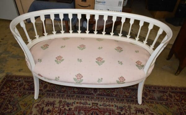 Vintage Oval White Painted Arrow Back Settle, Bench