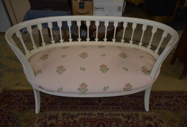 Vintage Oval White Painted Arrow Back Settle, Bench