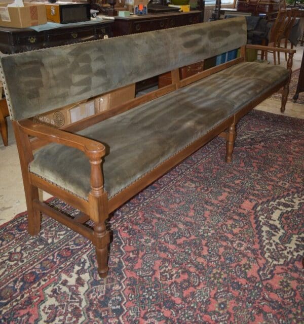 Antique RailRoad Station Large Green Upholstered Wood Bench