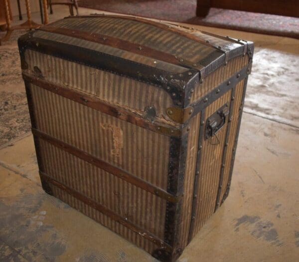 Antique 19th Century French Dome Top Striped Steamer Trunk