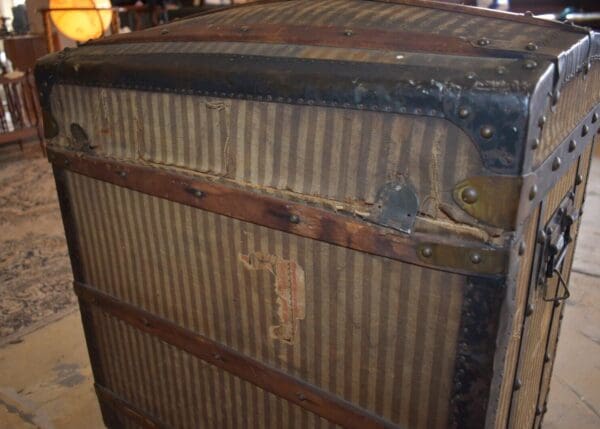 Antique 19th Century French Dome Top Striped Steamer Trunk