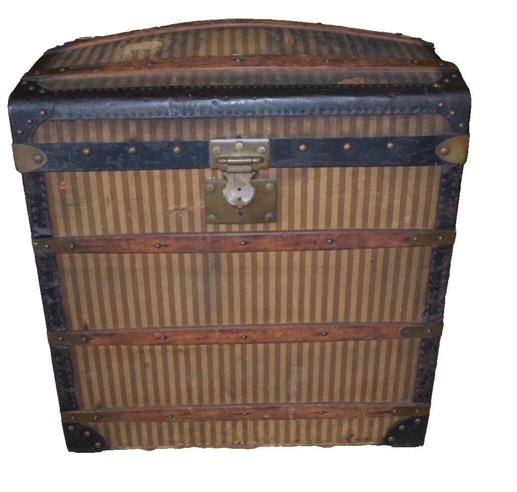 Antique 19th Century French Dome Top Striped Steamer Trunk