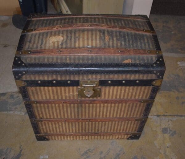 Antique 19th Century French Dome Top Striped Steamer Trunk