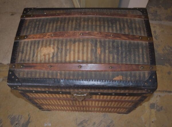 Antique 19th Century French Dome Top Striped Steamer Trunk