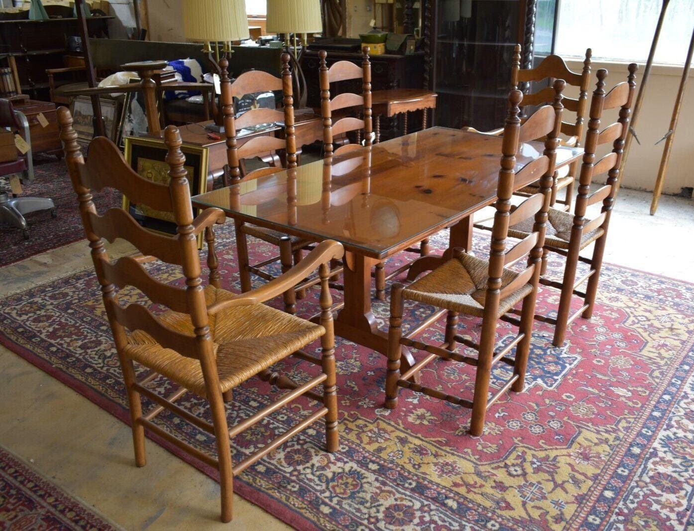 Vintage Rustic Cabin Kitchen Dining Table and Ladder Back Cane Chairs