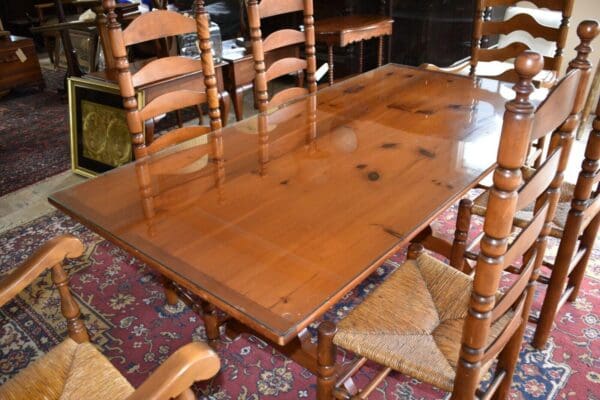 Vintage Rustic Cabin Kitchen Dining Table and Ladder Back Cane Chairs