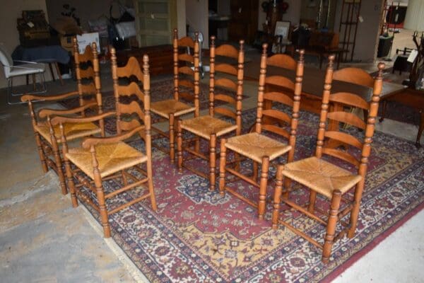 Vintage Rustic Cabin Kitchen Dining Table and Ladder Back Cane Chairs