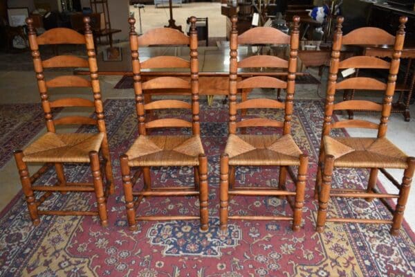 Vintage Rustic Cabin Kitchen Dining Table and Ladder Back Cane Chairs