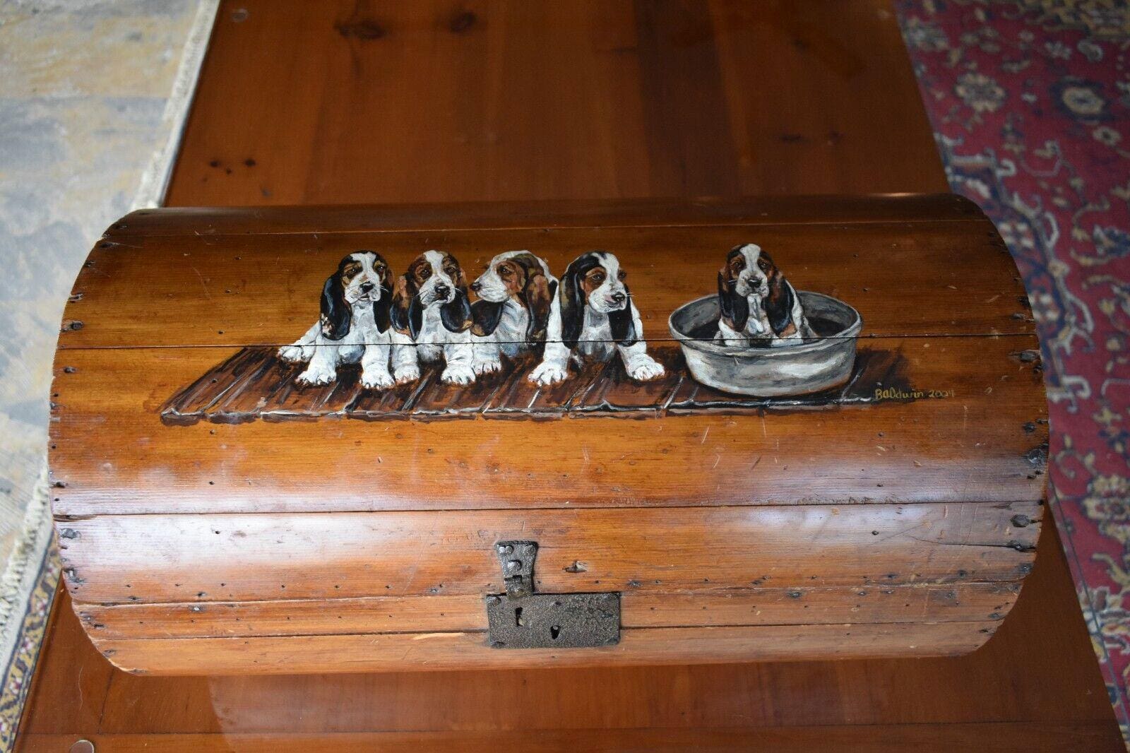 Antique Barrel Style Chest, Wood Box Basset Hounds