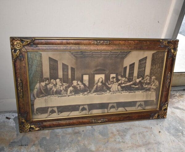 Vintage Black & White Last Supper Print in Art Deco Frame, Lithograph