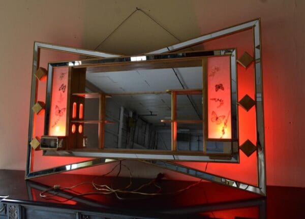 Mid Century Modern Mirrored Shaddow Box with Lights, Wall Shelf