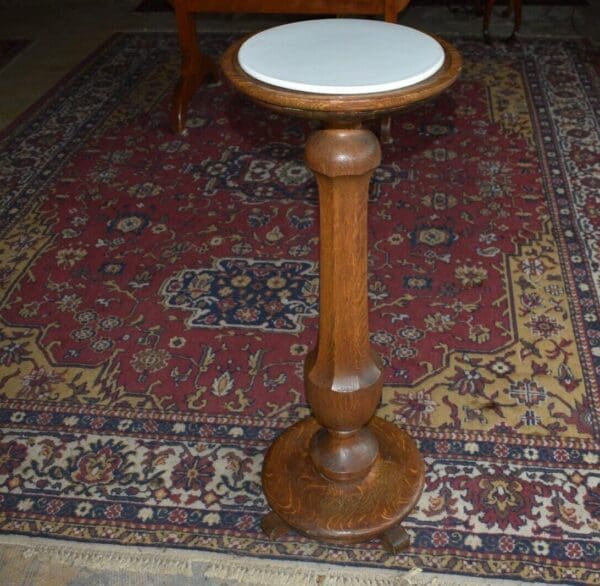 Vintage Antique Oak Pedestal with Milk Glass Top