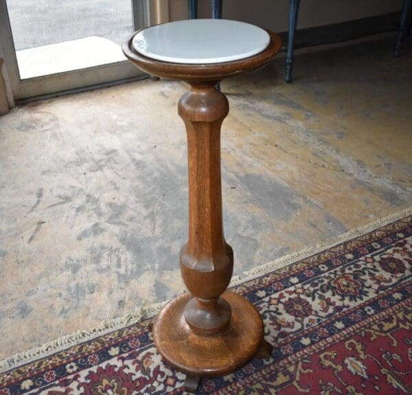 Vintage Antique Oak Pedestal with Milk Glass Top