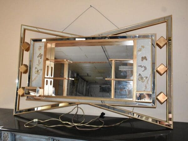 Mid Century Modern Mirrored Shaddow Box with Lights, Wall Shelf