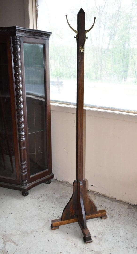 Antique Oak Coat Tree, Vintage Hall Coat Hat Rack