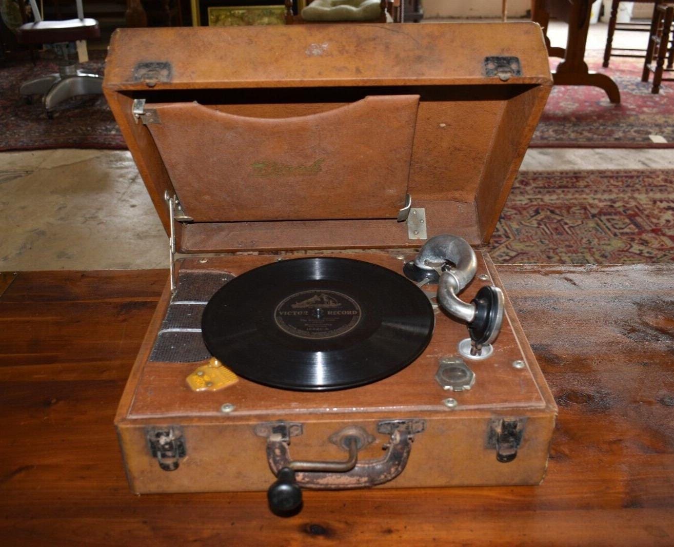 Antique Hand Crank Suitcase Portable Record Player by Birch Model 600