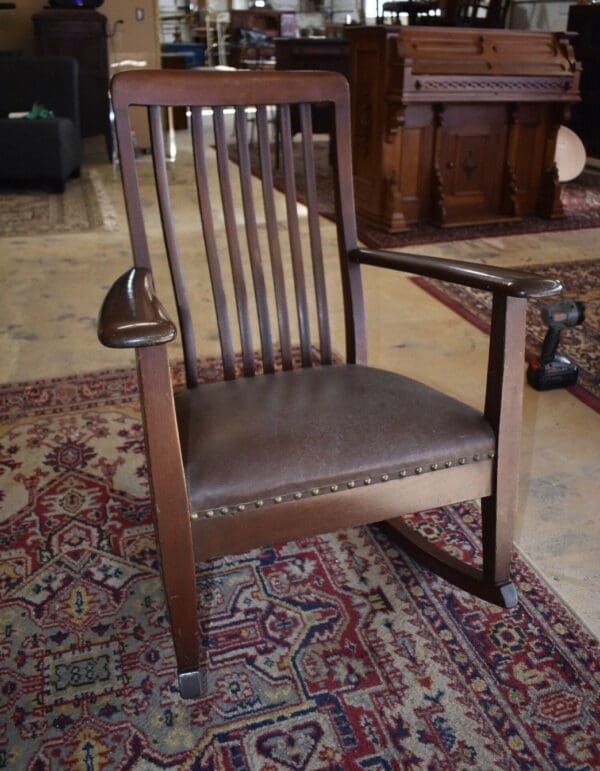 Antique Mahogany Leather Upholstered Rocking Chair, Rocker